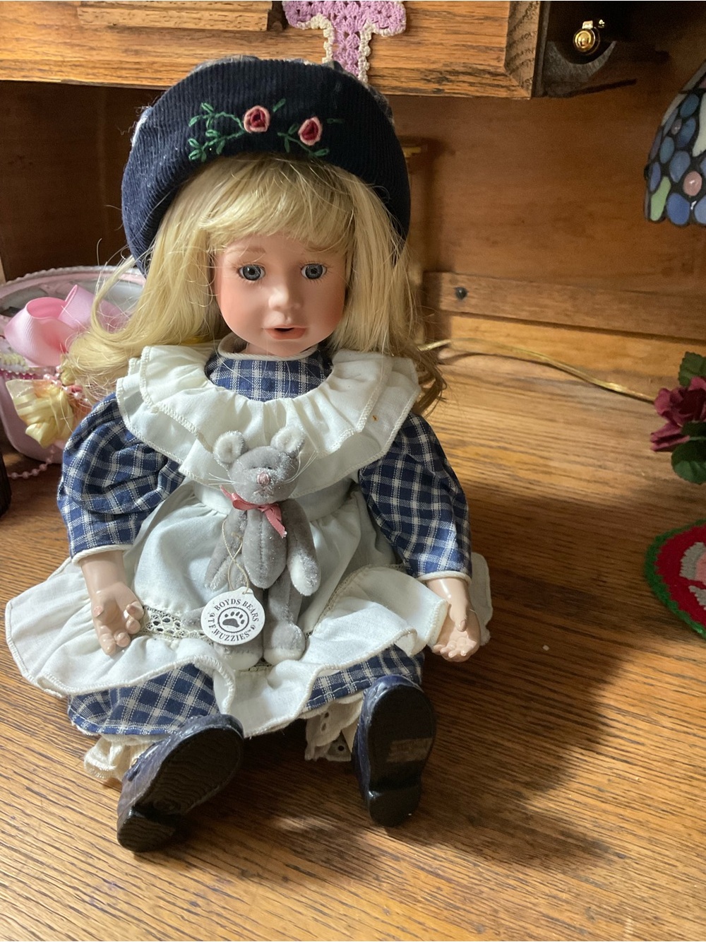 Porcelain Girl Doll in Navy Plaid Dress with White Apron